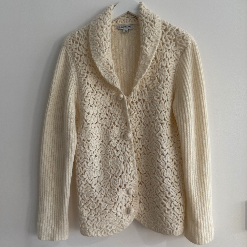 Vtg Crochet Fisherman Coldwater Creek Wool Knit Cardigan Sweater Cottagecore Med - Picture 5 of 12